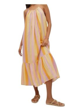 Mango Striped Flowy Maxi Summer Dress Size 8 Halter Bright Yellow Pink Orange